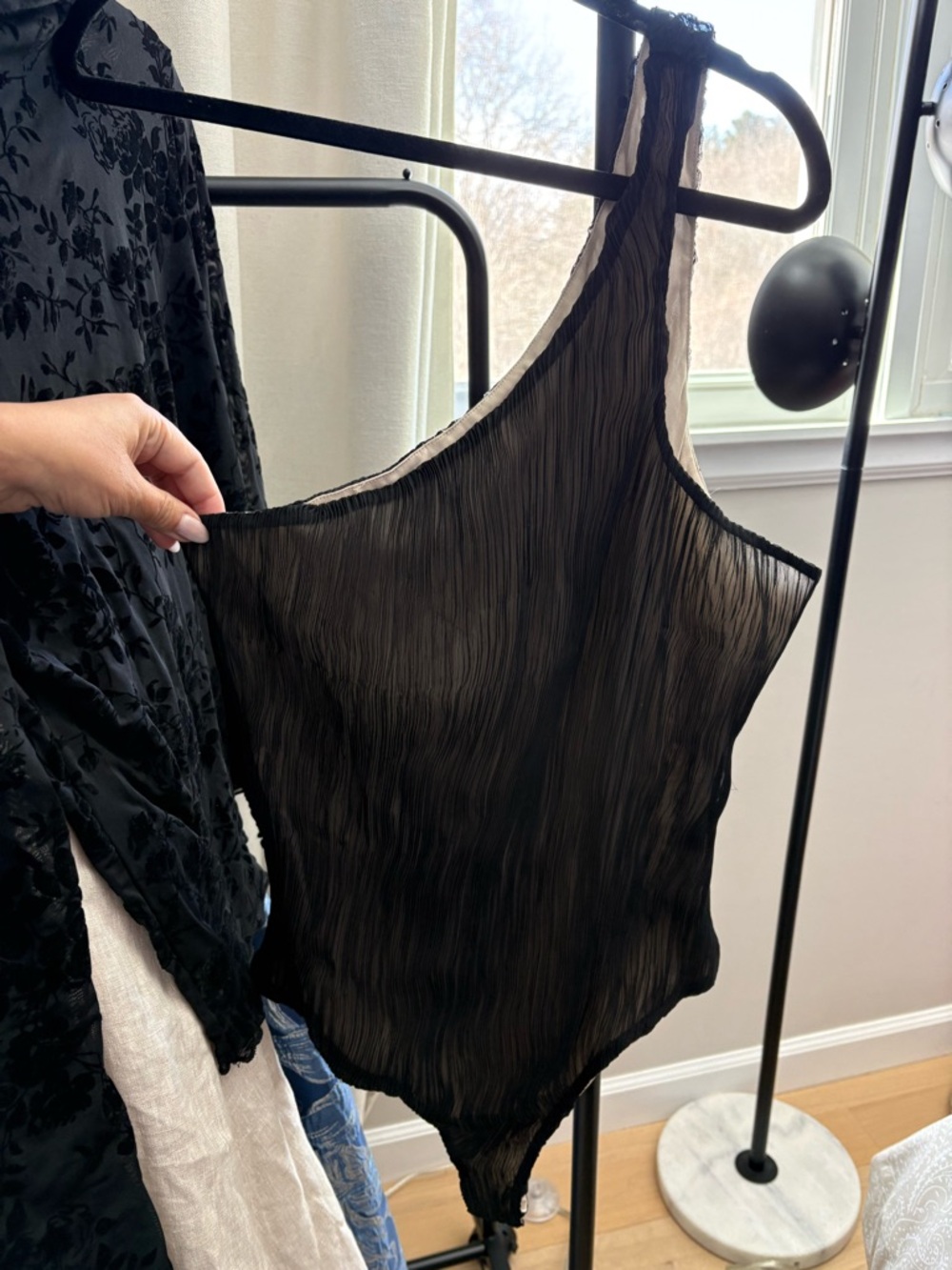 Finesse Black One-Shoulder Sheer Textured Bodysuit